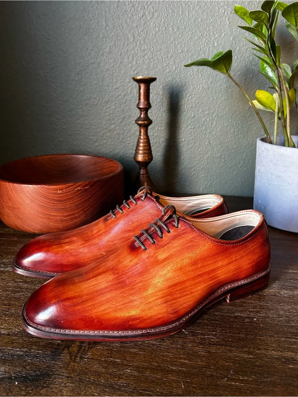 Hand-Patina Leather Whole Cut Oxford Dress Shoes - Cognac